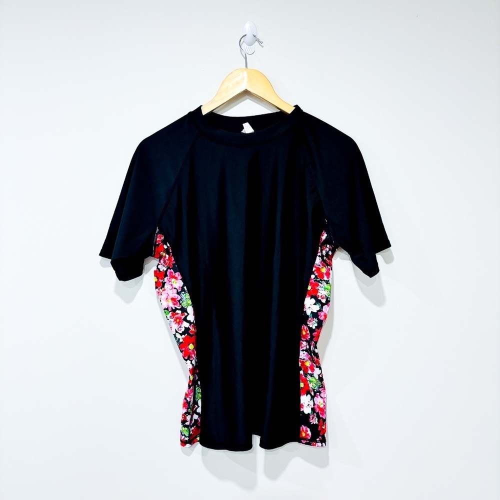 Black Floral Side Panel Stretch Activewear Workout Top XX-Large